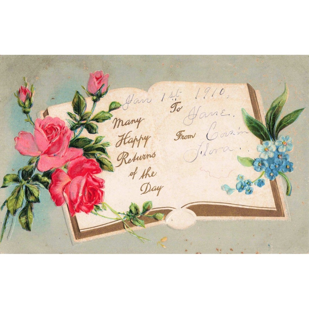 Vintage 1910 Embossed Birthday Postcard Pink Roses Forget Me Nots Open Book VG - Picture 1 of 2